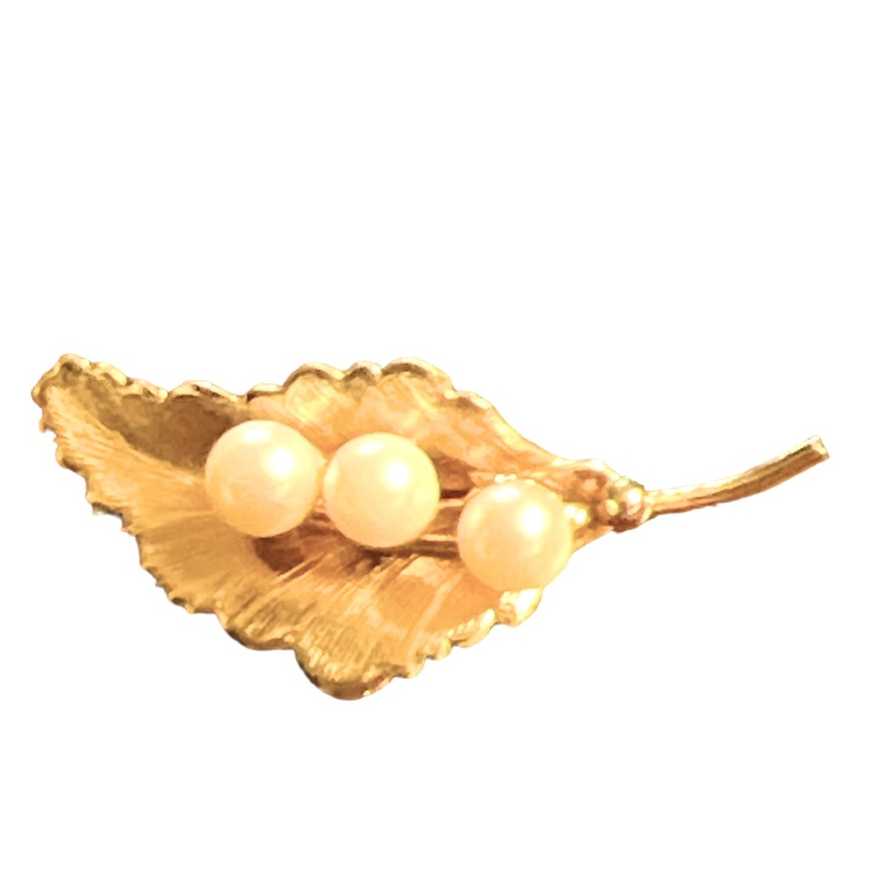 12K GF Vintage Valenza  Leaf with Pearls Brooch Pin